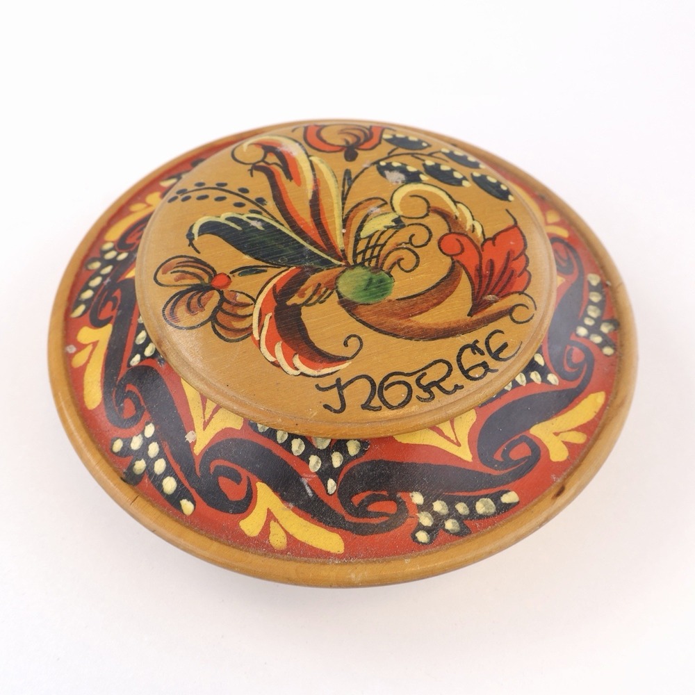 Vintage Hand Painted Norwegian Wooden Lidded Trinket Box Made in Norway Folk Art